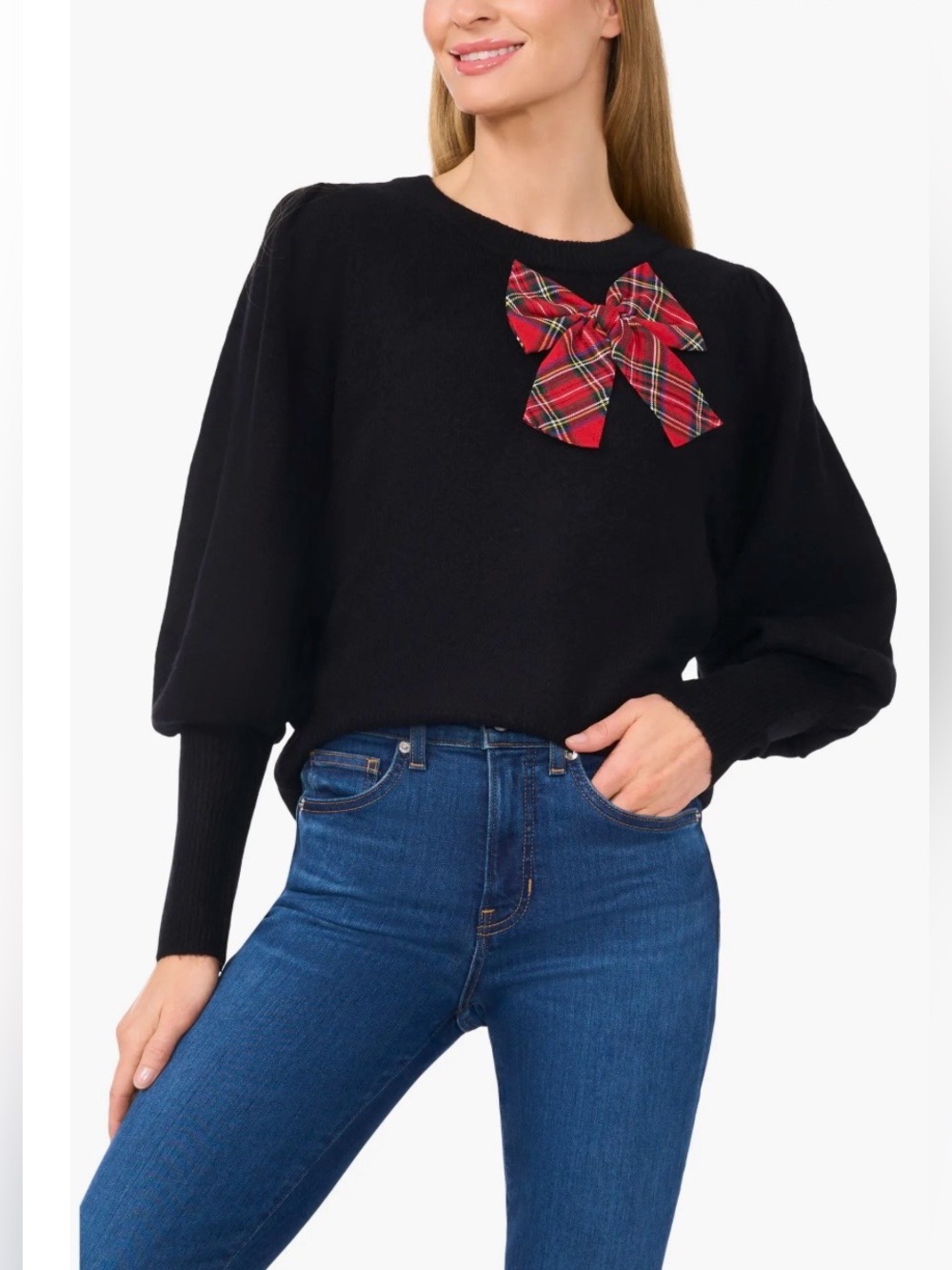 CeCe Red Plaid Bow Sweater With Voluminous Style Sleeves